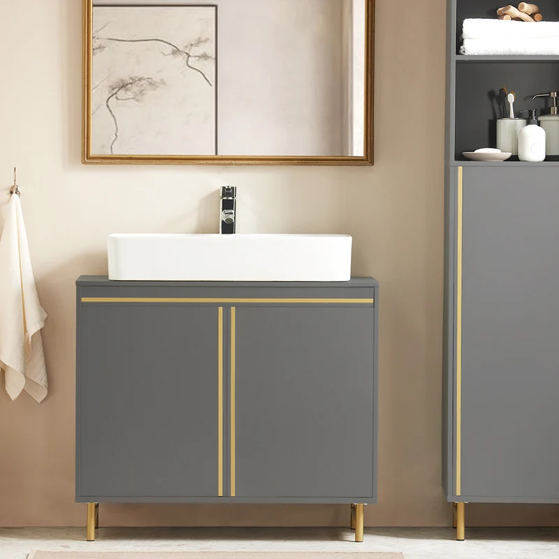 SoBuy BZR129-HG Meuble sous Lavabo, Meuble sous Vasque avec 2 Portes et 2 Étages, Meuble sur Pied de Salle de Bain, Placard Armoire