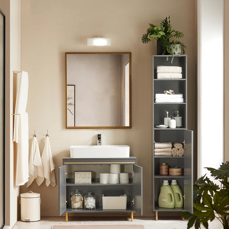 SoBuy BZR130-HG Meuble Colonne de Salle de Bain, Armoire Toilette Haute, Placard avec étagères réglables, et 3 niches Ouvertes