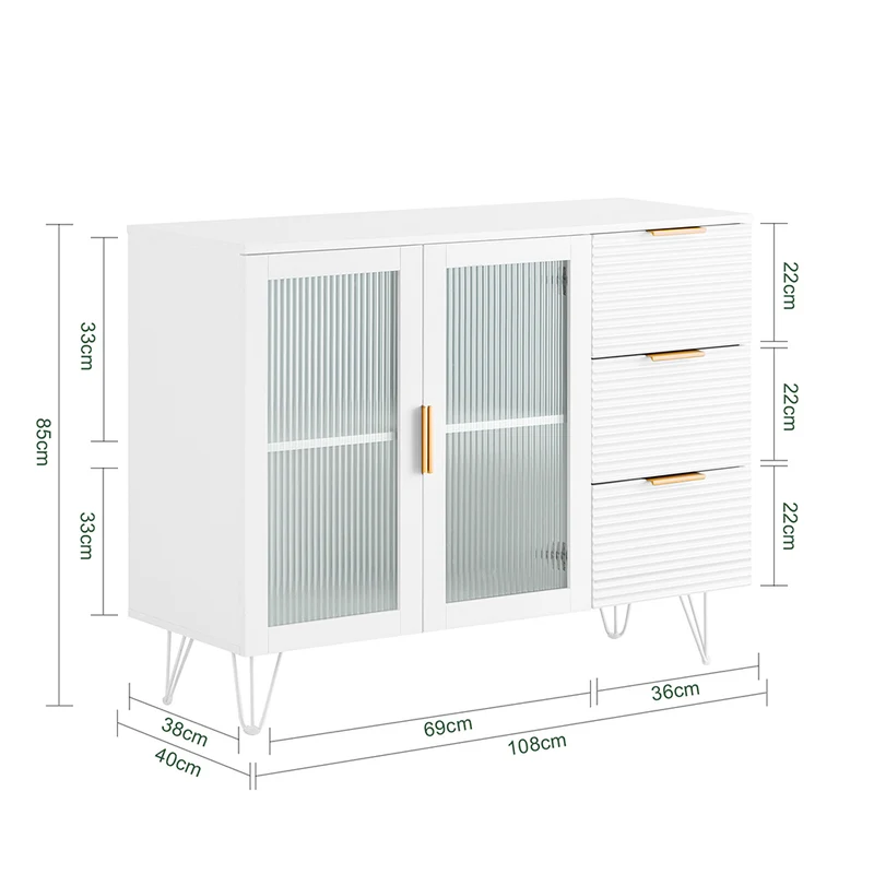 SoBuy FSB86-W Buffet Bas, Commode Armoire de Rangement, Buffet Bahut pour Cuisine Salle à Manger Salon Entrée avec Placard, 3 Tiroirs et 2 Portes Vitrées, 108 x 40 x 85 cm, Blanc