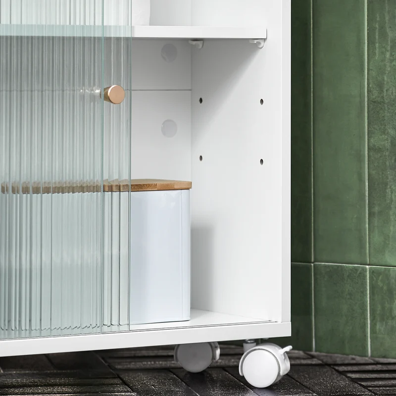 SoBuy BZR117-W Armoire WC Toilettes, Meuble Étroit Salle de Bain sur Roulettes, Support Papier Toilette avec 2 Portes Coulissantes en Verre
