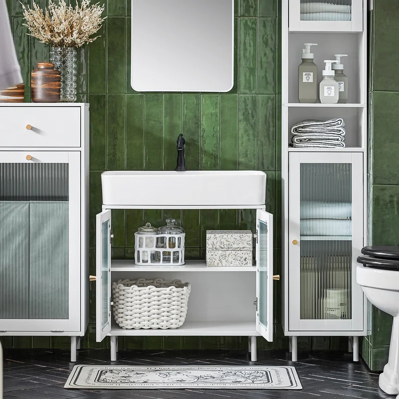 SoBuy BZR115-W Meuble sous Lavabo Salle de Bain, Meuble sous Évier, Armoire de Rangement pour Vasque sur Pieds avec 2 Portes en Verre