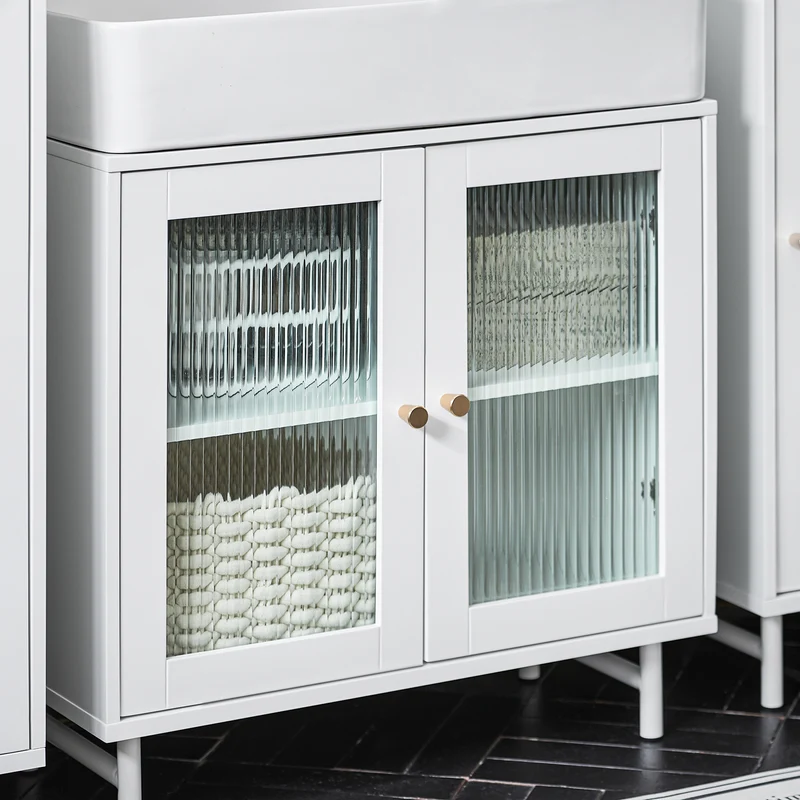 SoBuy BZR115-W Meuble sous Lavabo Salle de Bain, Meuble sous Évier, Armoire de Rangement pour Vasque sur Pieds avec 2 Portes en Verre