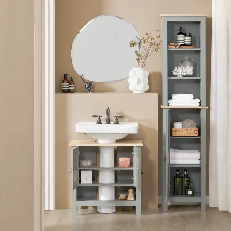 SoBuy BZR69-II-HG Meuble sous Lavabo avec Étagère Réglable et Niche Ouverte, pour Salle de Bain et WC, Rangement Optimisé, Compact – L60×P30×H60 cm, Gris