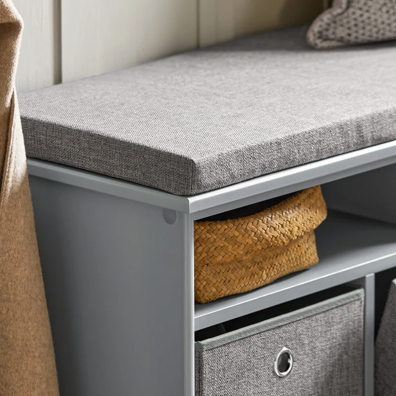 SoBuy FSR67-DG Banc de Rangement avec Coussin Rembourré, 2 Compartiments et 3 Paniers Meuble Bas Entrée