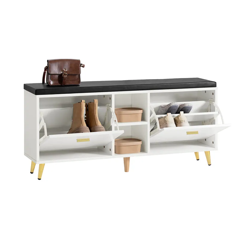 SoBuy FSR132-W Banc à Chaussures avec Coussin en PU, 2 Abattants et 2 Compartiments Ouverts, sur Pieds Dorés pour Entrée – 110x26x52 cm, Blanc