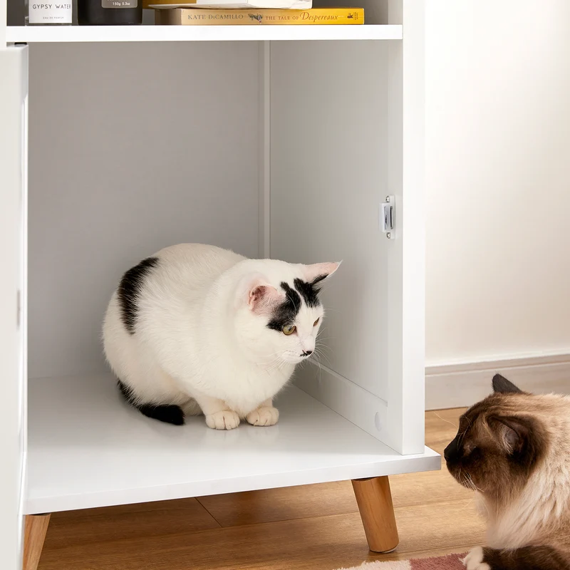 SoBuy HAT01-W Table d’Appoint, Bout de Canapé, Table de Chevet, Maison de Toilette pour Chat avec 1 Compartiment Ouvert et 1 Porte