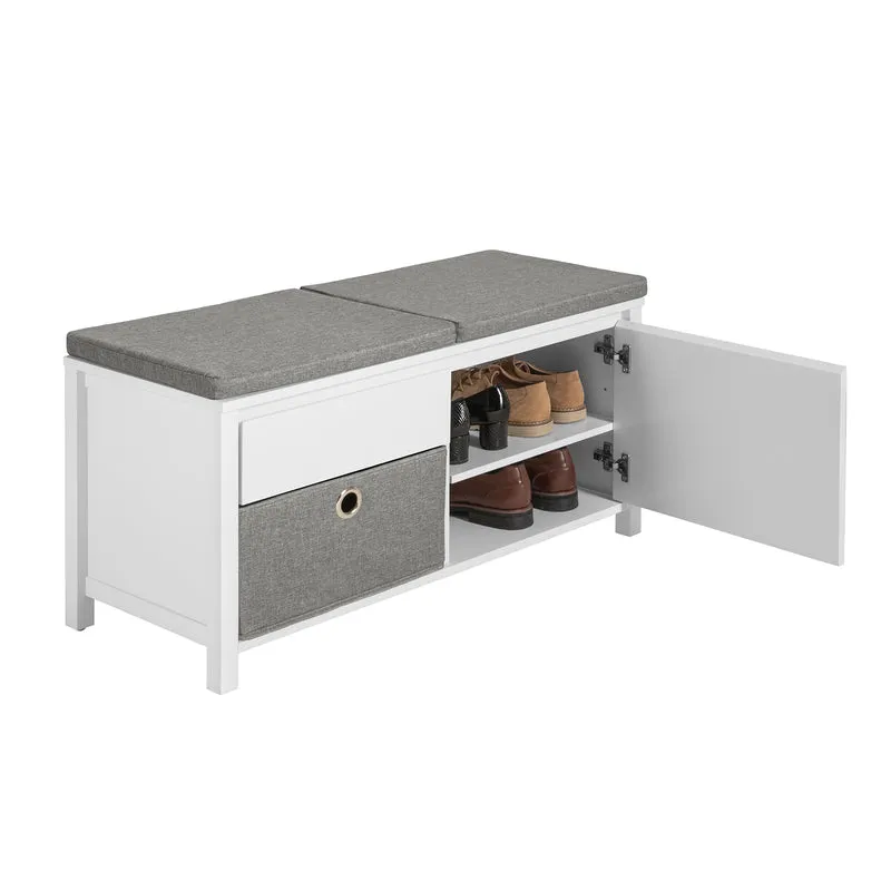SoBuy FSR101-W Banc à Chaussures avec Coussin Rembourré, Tiroir, Panier, Porte et 2 Étagères pour Entrée – 91x36x46 cm, Blanc