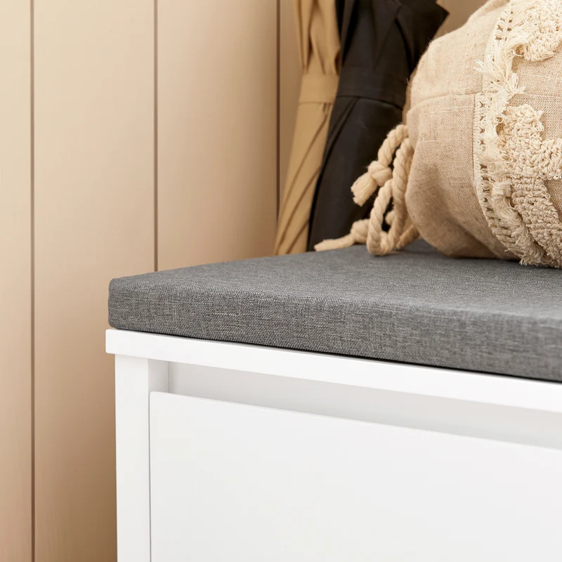 SoBuy FSR101-W Banc à Chaussures avec Coussin Rembourré, Tiroir, Panier, Porte et 2 Étagères pour Entrée – 91x36x46 cm, Blanc