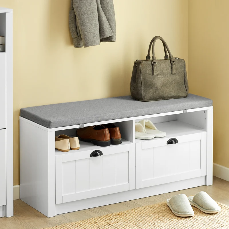 SoBuy FSR90-W Banc à Chaussures avec 2 Tiroirs et Assise pour Entrée Couloir – 110x35x47 cm, Blanc