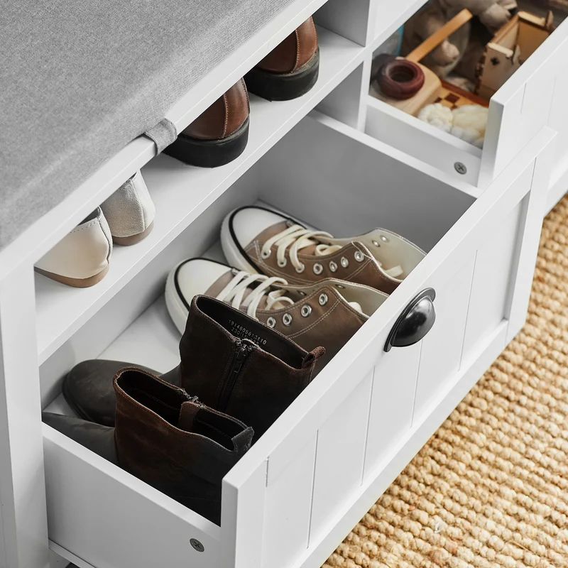 SoBuy FSR90-W Banc à Chaussures avec 2 Tiroirs et Assise pour Entrée Couloir – 110x35x47 cm, Blanc