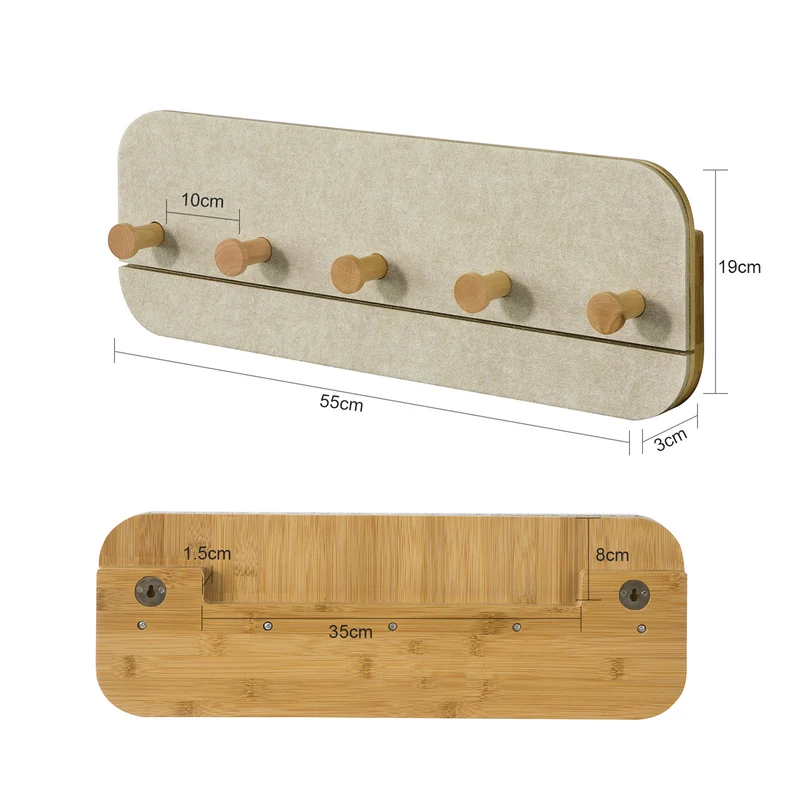SoBuy FHK16-MI Porte-Manteau Mural Porte-Serviette Penderie Patère Murale avec 5 Crochets en Bambou et Feutre pour Vestibule, Entrée