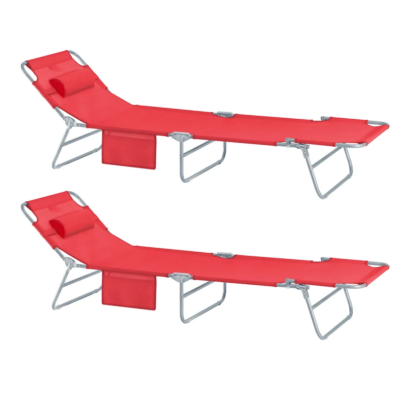 SoBuy OGS35-Rx2 Lot de 2 Transats de Jardin Pliable avec Oreiller et Poche Latérale, Chaise Longue Relax, Design Fonctionnel, Compact – L155×P56×H81 cm, Rouge