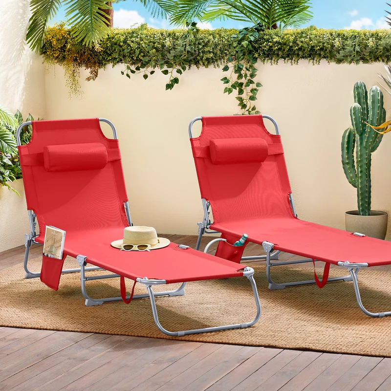 SoBuy OGS35-Rx2 Lot de 2 Transats de Jardin Pliable avec Oreiller et Poche Latérale, Chaise Longue Relax, Design Fonctionnel, Compact – L155×P56×H81 cm, Rouge