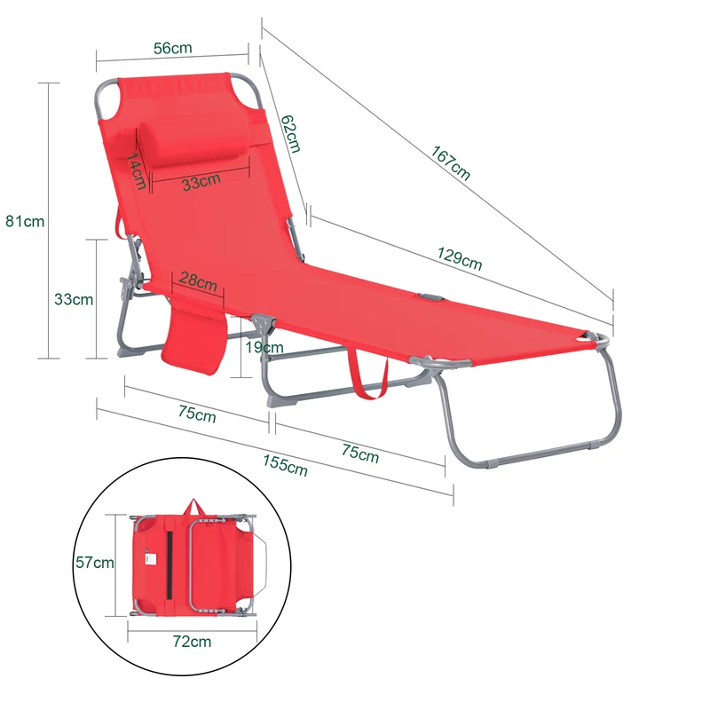 SoBuy OGS35-Rx2 Lot de 2 Transats de Jardin Pliable avec Oreiller et Poche Latérale, Chaise Longue Relax, Design Fonctionnel, Compact – L155×P56×H81 cm, Rouge