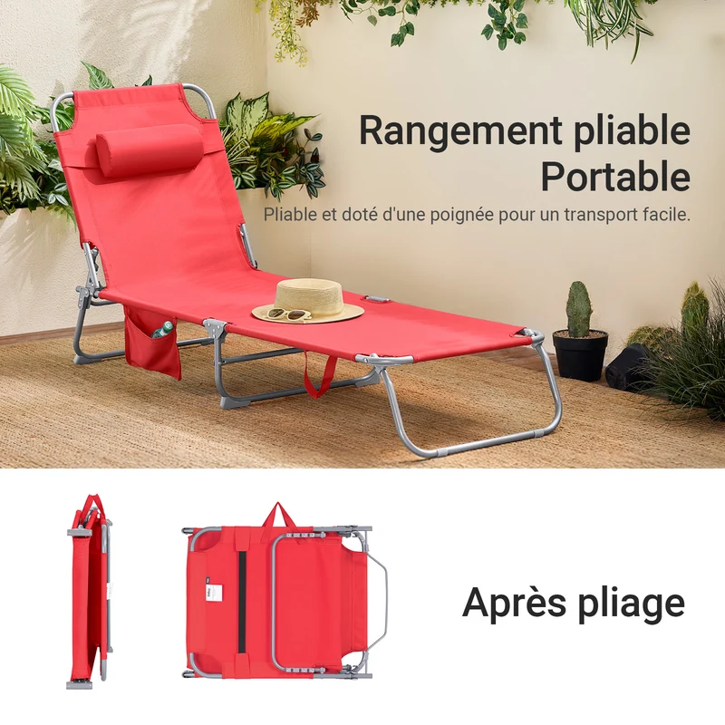 SoBuy OGS35-Rx2 Lot de 2 Transats de Jardin Pliable avec Oreiller et Poche Latérale, Chaise Longue Relax, Design Fonctionnel, Compact – L155×P56×H81 cm, Rouge