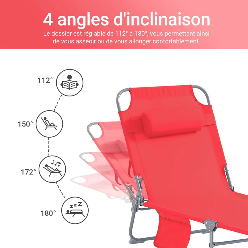 SoBuy OGS35-Rx2 Lot de 2 Transats de Jardin Pliable avec Oreiller et Poche Latérale, Chaise Longue Relax, Design Fonctionnel, Compact – L155×P56×H81 cm, Rouge