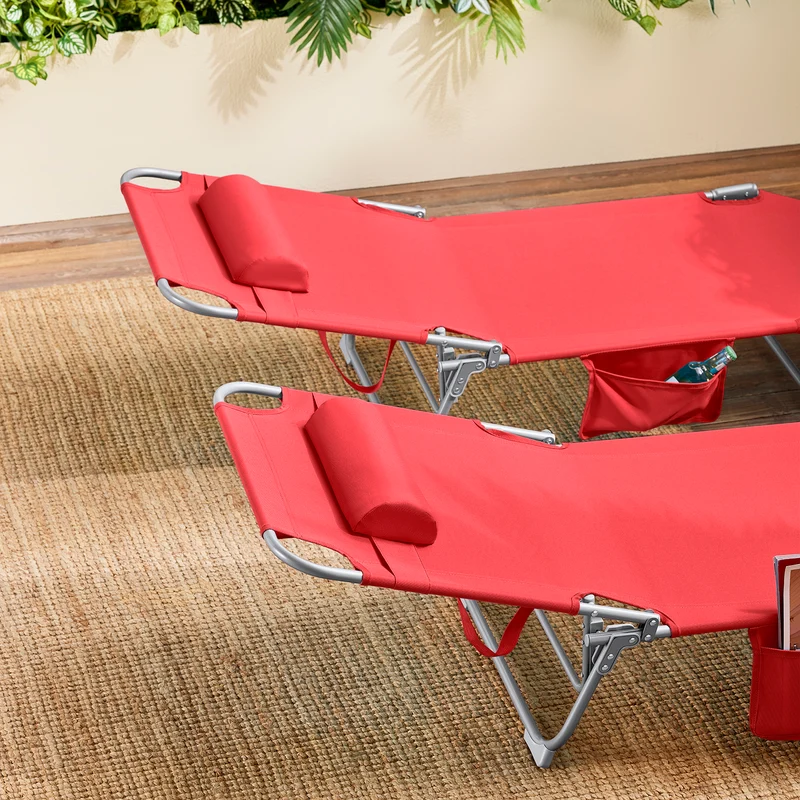 SoBuy OGS35-Rx2 Lot de 2 Transats de Jardin Pliable avec Oreiller et Poche Latérale, Chaise Longue Relax, Design Fonctionnel, Compact – L155×P56×H81 cm, Rouge