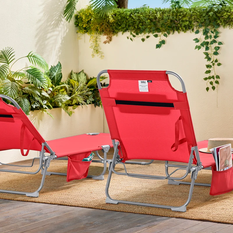 SoBuy OGS35-Rx2 Lot de 2 Transats de Jardin Pliable avec Oreiller et Poche Latérale, Chaise Longue Relax, Design Fonctionnel, Compact – L155×P56×H81 cm, Rouge