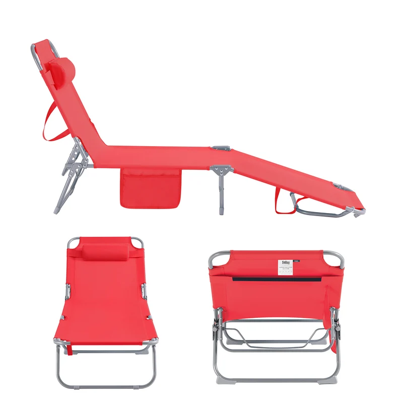 SoBuy OGS35-Rx2 Lot de 2 Transats de Jardin Pliable avec Oreiller et Poche Latérale, Chaise Longue Relax, Design Fonctionnel, Compact – L155×P56×H81 cm, Rouge