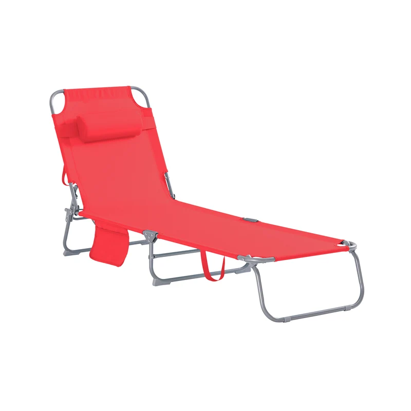 SoBuy OGS35-R Transat de Jardin Pliable avec Oreiller et Poche Latérale, Chaise Longue Relax, Confortable, Design Fonctionnel – L155×P56×H81 cm, Rouge
