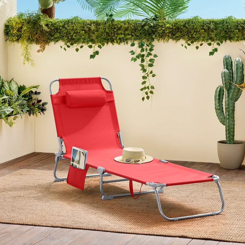 SoBuy OGS35-R Transat de Jardin Pliable avec Oreiller et Poche Latérale, Chaise Longue Relax, Confortable, Design Fonctionnel – L155×P56×H81 cm, Rouge