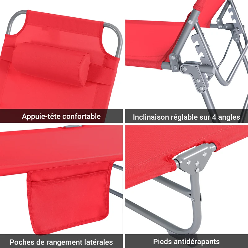 SoBuy OGS35-R Transat de Jardin Pliable avec Oreiller et Poche Latérale, Chaise Longue Relax, Confortable, Design Fonctionnel – L155×P56×H81 cm, Rouge