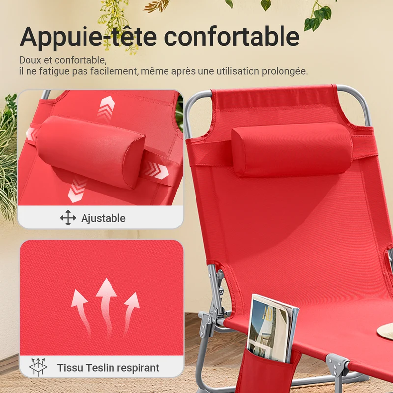 SoBuy OGS35-R Transat de Jardin Pliable avec Oreiller et Poche Latérale, Chaise Longue Relax, Confortable, Design Fonctionnel – L155×P56×H81 cm, Rouge