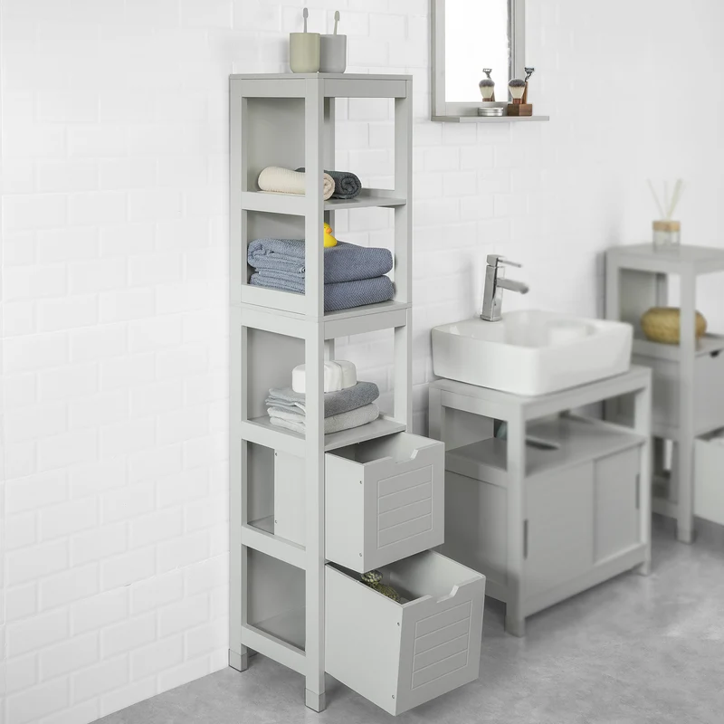 SoBuy FRG126-HG Meuble Colonne de Salle de Bain Armoire Haute – 4 étagères et 2 tiroirs -Gris Clair