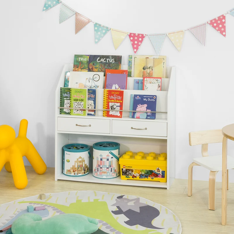 SoBuy KMB39-W Bibliothèque Enfants Étagère à Livres Étagère de Rangement pour Livres et Jouets avec 2 Tiroirs
