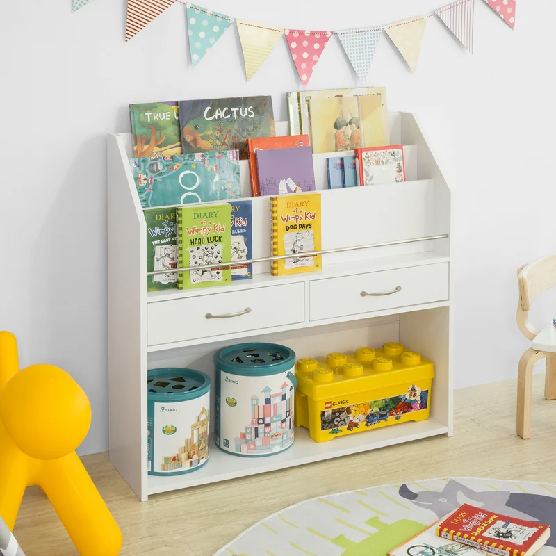 SoBuy KMB39-W Bibliothèque Enfants Étagère à Livres Étagère de Rangement pour Livres et Jouets avec 2 Tiroirs