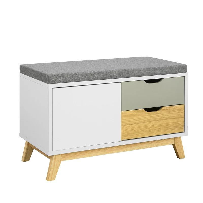 SoBuy FSR92-W Banc à Chaussures avec Coussin Rembourré, 2 Tiroirs et 1 Porte pour Entrée – 80x38x51 cm, Blanc