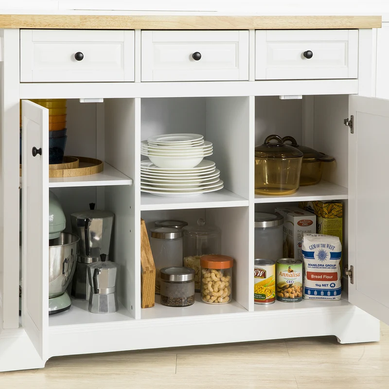 SoBuy FKW101-WN Desserte de Cuisine à Roulettes avec Plan de Travail, 3 Tiroirs, 2 Étagères et 2 Portes, Charge 50 kg – 115x46x91 cm, Blanc et Naturel