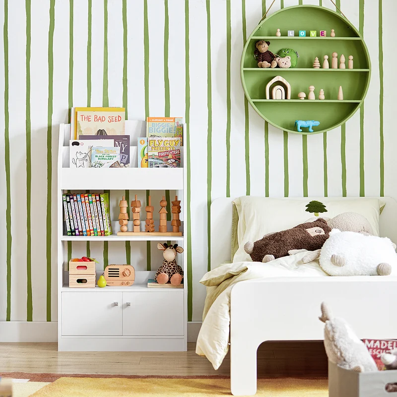 SoBuy KMB11-W Bibliothèque Étagère à Livres Étagère de Rangement Jouets pour Enfants Porte-revues 2 Compartiments Livres, 2 Étagères de Rangment et 2 Portes