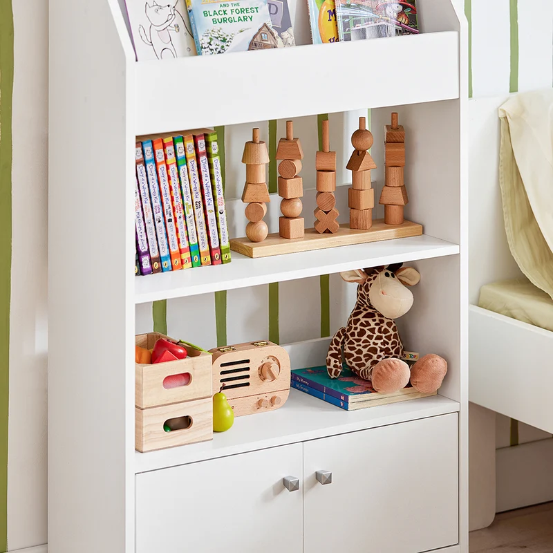 SoBuy KMB11-W Bibliothèque Étagère à Livres Étagère de Rangement Jouets pour Enfants Porte-revues 2 Compartiments Livres, 2 Étagères de Rangment et 2 Portes