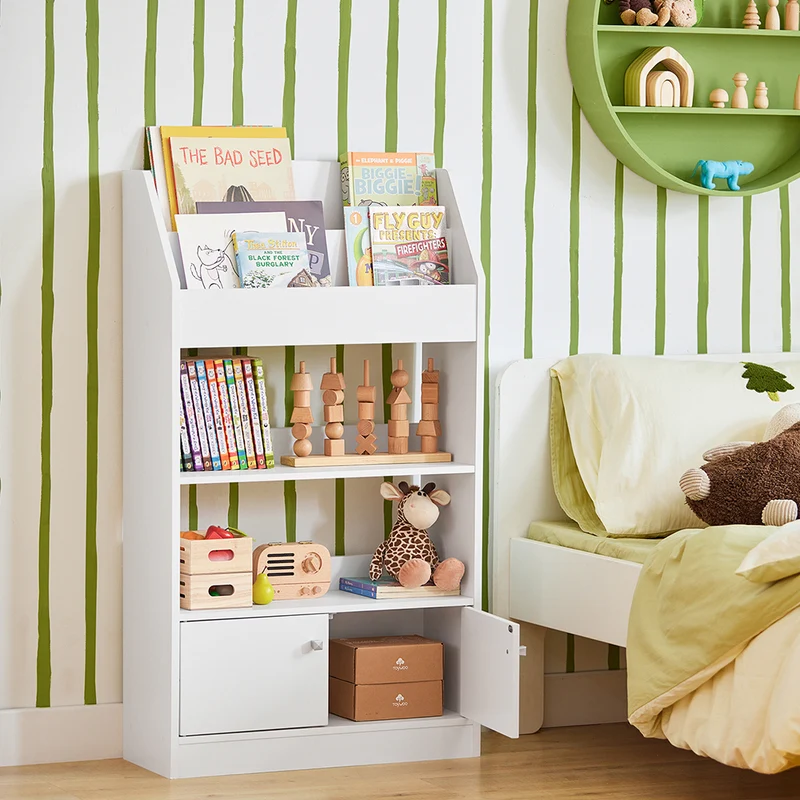 SoBuy KMB11-W Bibliothèque Étagère à Livres Étagère de Rangement Jouets pour Enfants Porte-revues 2 Compartiments Livres, 2 Étagères de Rangment et 2 Portes