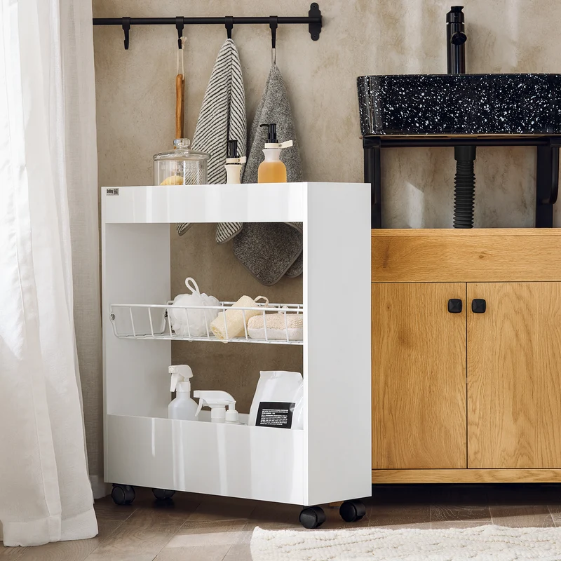 SoBuy BZR46-W Chariot de Rangement Mobile sur 3 Niveaux Étagère de Niche à Roulettes en Bois et métal