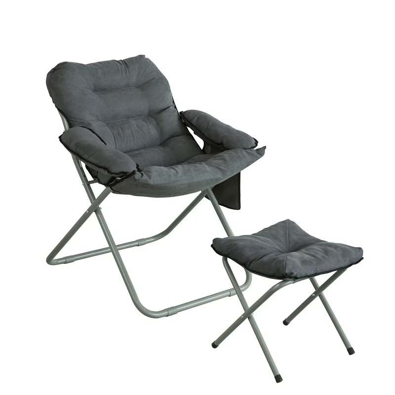 SoBuy OGS55-HG Fauteuil de Jardin Chaise Longue Pliable et Repose-Pieds Fauteuil de Relaxation avec Tabouret et Poche latérale, Gris