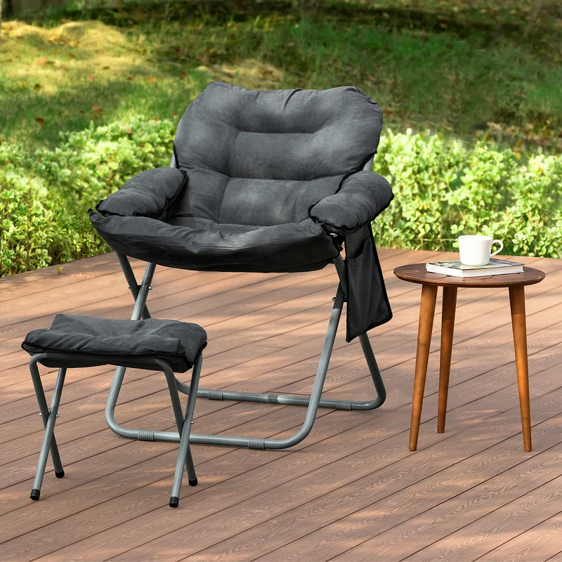 SoBuy OGS55-HG Fauteuil de Jardin Chaise Longue Pliable et Repose-Pieds Fauteuil de Relaxation avec Tabouret et Poche latérale, Gris