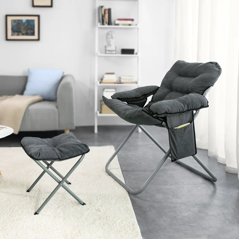 SoBuy OGS55-HG Fauteuil de Jardin Chaise Longue Pliable et Repose-Pieds Fauteuil de Relaxation avec Tabouret et Poche latérale, Gris