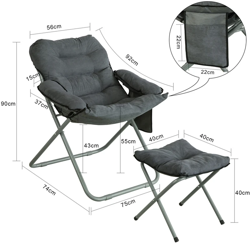 SoBuy OGS55-HG Fauteuil de Jardin Chaise Longue Pliable et Repose-Pieds Fauteuil de Relaxation avec Tabouret et Poche latérale, Gris
