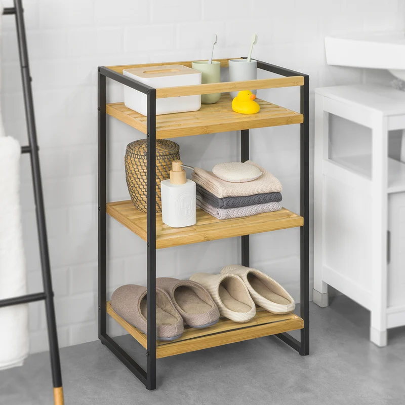 SoBuy STR05-K-N Étagère de Rangement Étagère de Salle de Bain Cuisine Étagère Debout 3 étages en Bambou et Métal