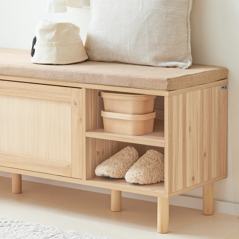 SoBuy FSR163-N Banc à Chaussures avec Coussin et Portes Coulissantes – Naturel