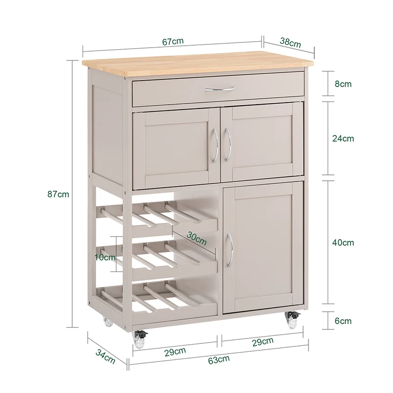 SoBuy FKW45-KA Desserte Cuisine sur Roulettes – Plan Hévéa, Casier à Vin, 1 Tiroir, 1 Placard – 67×38×86 cm, Marron Clair