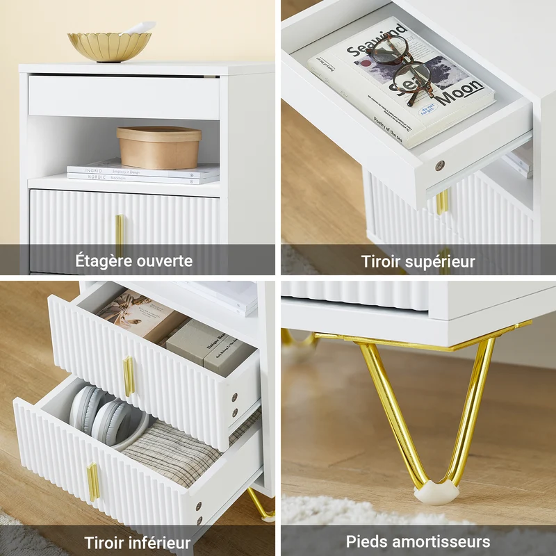 SoBuy FBT168-W Table de Chevet Chic Blanc et Doré – 3 Tiroirs et Étagère, Style Moderne