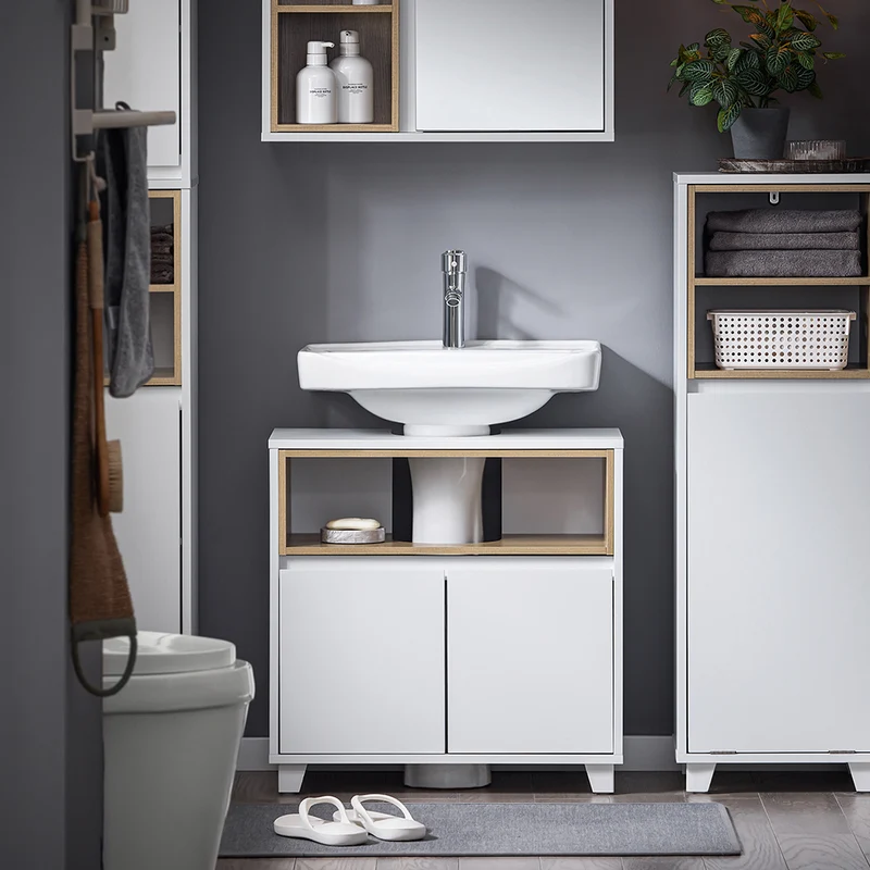 SoBuy BZR148-W Meuble Sous Lavabo de Salle de Bain, Meuble Sous Vasque à 2 Portes