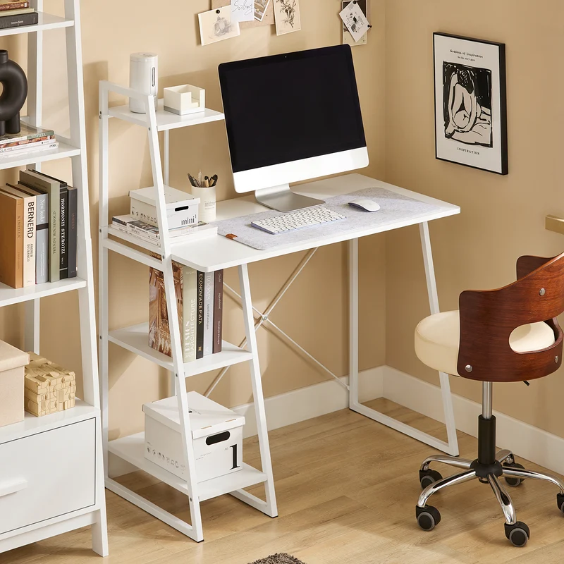 SoBuy FWT29-W Bureau informatique Secrétaire Table avec 3 étagères cadre métal -Blanc