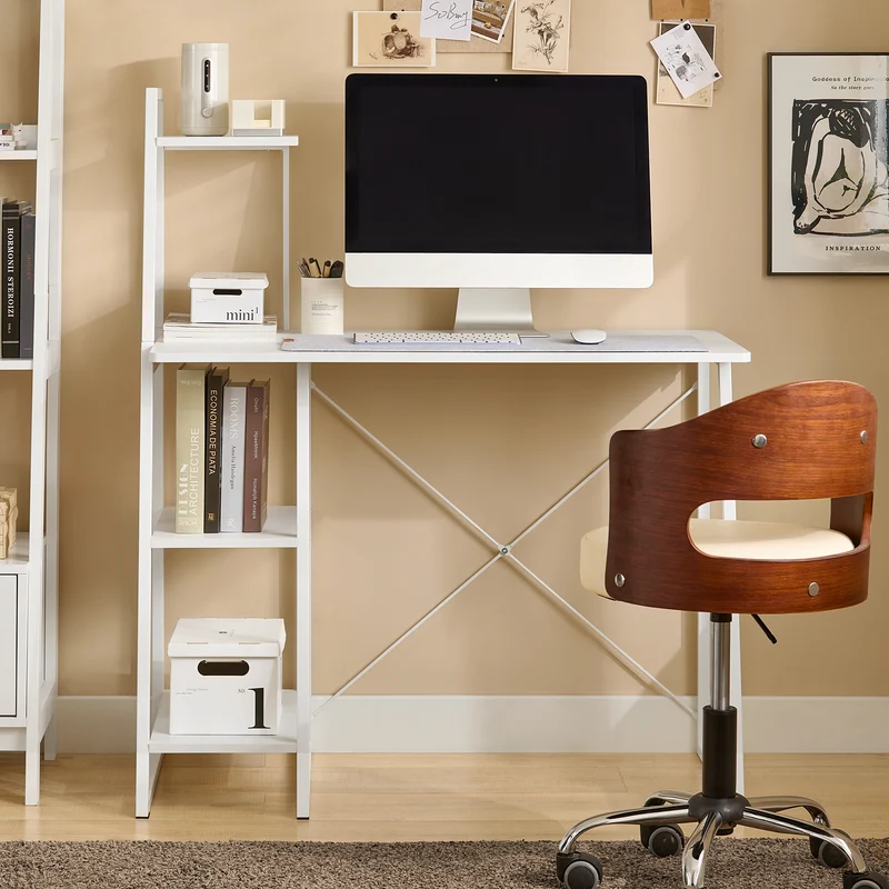 SoBuy FWT29-W Bureau informatique Secrétaire Table avec 3 étagères cadre métal -Blanc