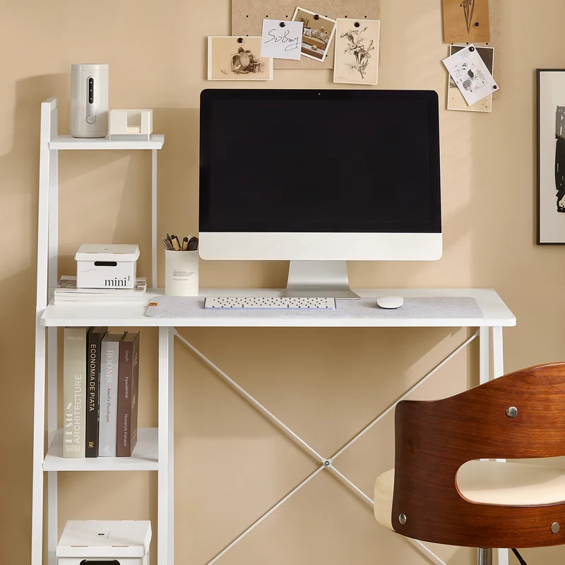SoBuy FWT29-W Bureau informatique Secrétaire Table avec 3 étagères cadre métal -Blanc