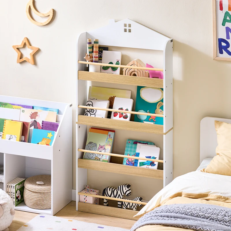 SoBuy KMB121-WN Bibliotheque Enfant Étagère Livre Enfant 4 Niveaux Meuble Rangement Jouet Bibliothèque Meuble de Rangement Etagere Chambre Blanc-Naturel 60x15x130.5 cm