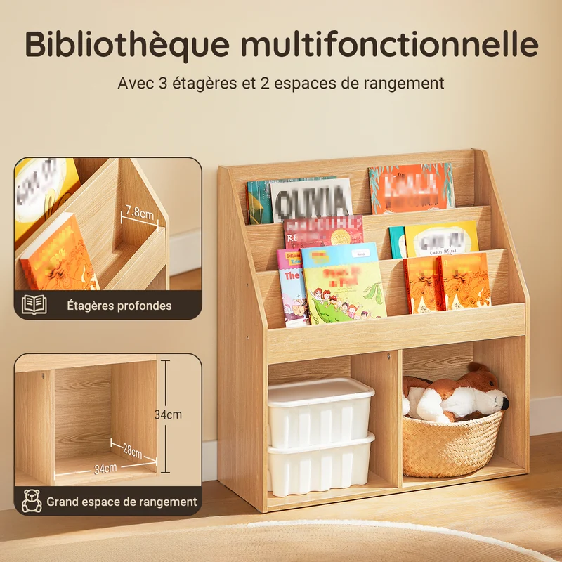 SoBuy KMB01-N Bibliothèque Enfant Montessori Naturelle – 3 Étagères, 2 Compartiments, 80 cm